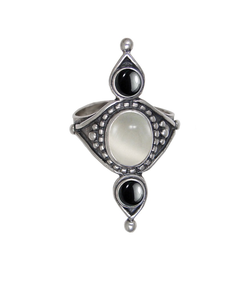 Sterling Silver Royal Ring With White Moonstone And Hematite Size 9